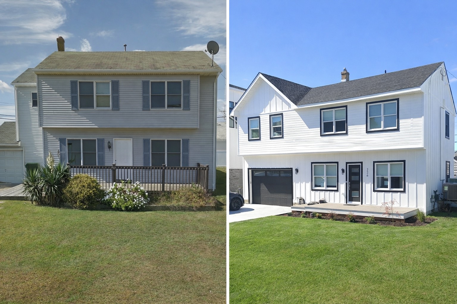 Before and after home renovation showing transformation from dated beige siding to modern white farmhouse exterior